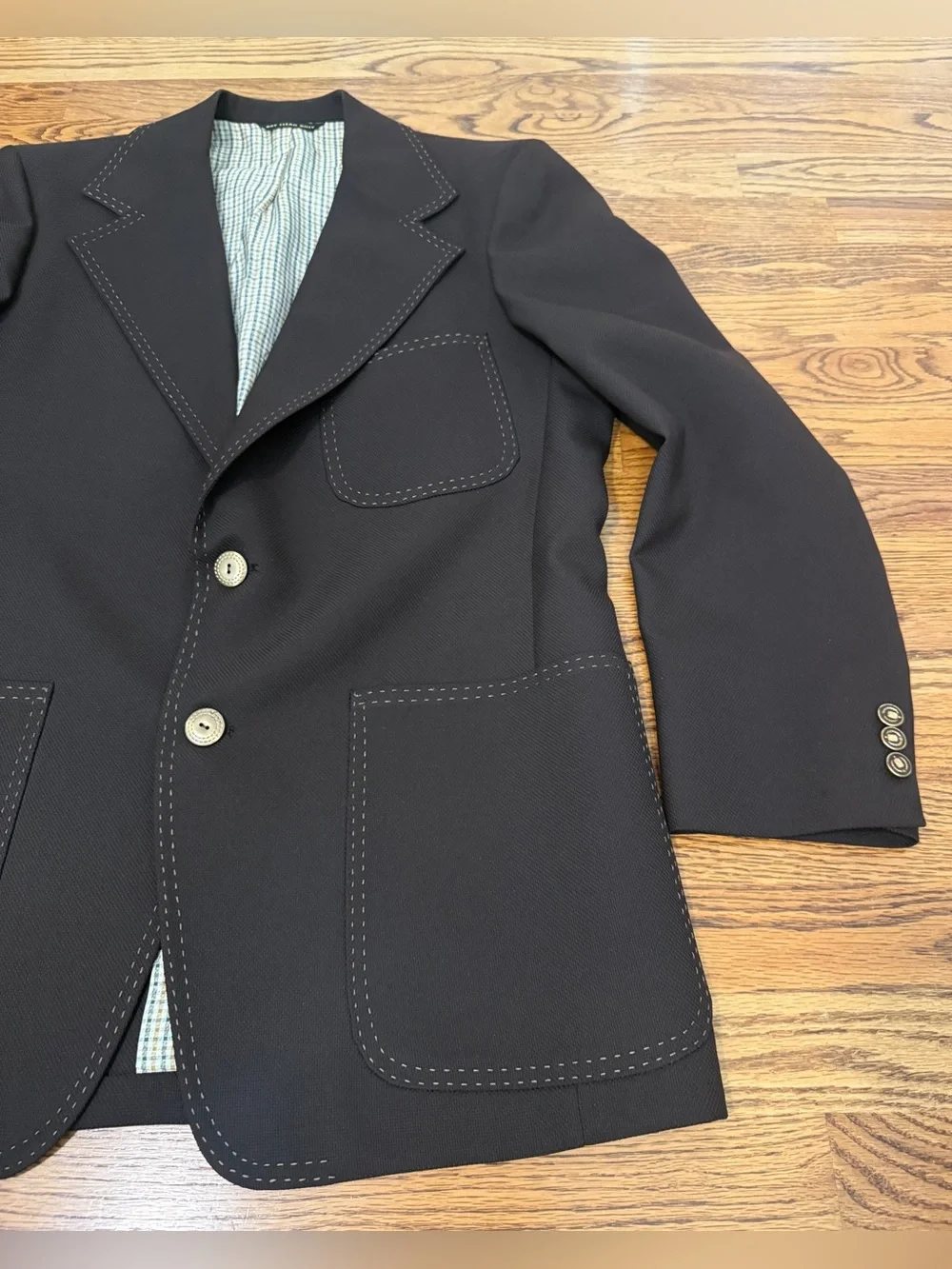 Vtg 70s Curlee Men’s Brown Polyester Suit Jacket Blazer Mod Stitching Sz 38R